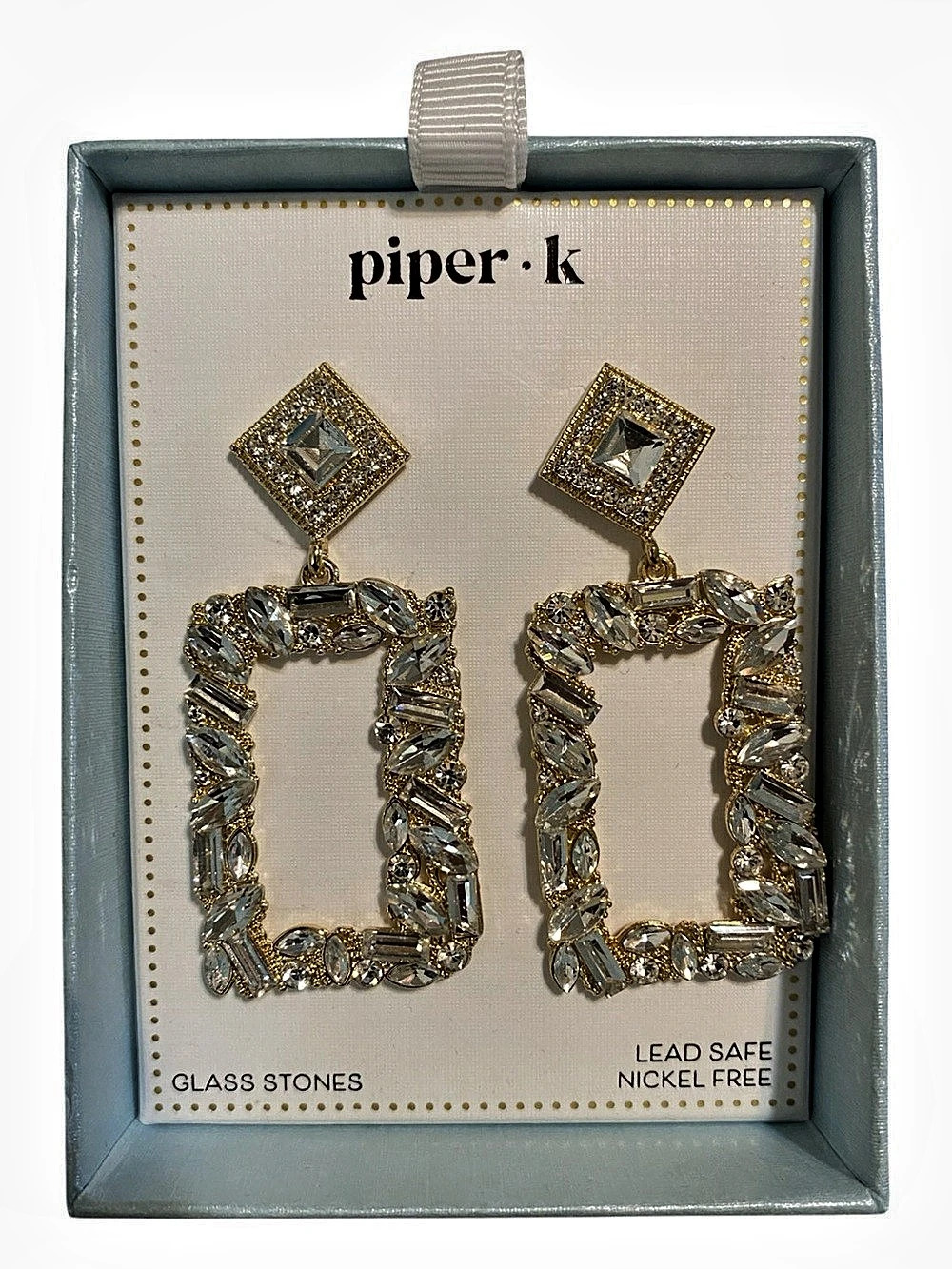 piper·k Gold & Clear Crystal Rectangle Drop Earrings